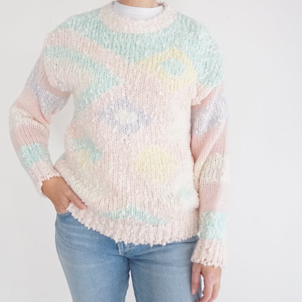 Vintage '90S Gad-Abouls Knit By Hand Pink Teal Crewneck Sweater M